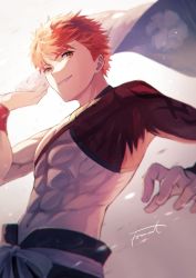 Rule 34 | 1boy, abs, blurry, depth of field, emiya shirou, fate/grand order, fate (series), fomnant, highres, holding, igote, light, male focus, navel, orange hair, parted lips, senji muramasa (fate), short hair, signature, smile, solo, toned, toned male, topless male, upper body, wristband, yellow eyes