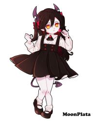 1girl black_hair child demon_girl demon_horns demon_tail funamusea genderswap genderswap_(mtf) highres horns licorice_(funamusea) long_hair looking_at_viewer moonplata orange_eyes skirt solo suspender_skirt suspenders tail