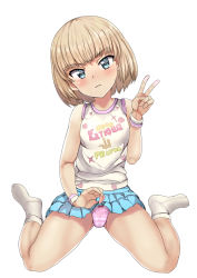 Rule 34 | 10s, 1girl, blonde hair, blue eyes, blush, bow, bow panties, breasts, clothes lift, expressionless, girls und panzer, highres, katyusha (girls und panzer), looking at viewer, panties, peace symbol, pink panties, sikijou77o, simple background, skirt, skirt lift, small breasts, socks, solo, underwear, v, white background, white footwear, white socks