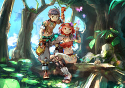 Rule 34 | 1boy, 1girl, alternate costume, bare shoulders, blush, breasts, brown hair, commentary request, earrings, feather hair ornament, feathers, fingerless gloves, forest, geetgeet, gloves, hair ornament, headband, jewelry, jungle, large breasts, looking at viewer, nature, nintendo, pointy ears, pyra (xenoblade), red eyes, red hair, rex (xenoblade), sandals, short hair, smile, tiara, xenoblade chronicles (series), xenoblade chronicles 2