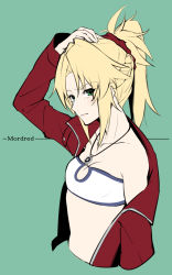 Rule 34 | 1girl, bandeau, blonde hair, breasts, character name, cropped torso, fate/apocrypha, fate (series), green background, green eyes, hand in own hair, jacket, mordred (fate), mordred (fate/apocrypha), mordred (memories at trifas) (fate), ponytail, red jacket, red scrunchie, scrunchie, small breasts, solo, takatun223