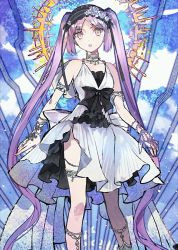 Rule 34 | 1girl, absurdly long hair, akira (kaned fools), armlet, asakawa yuu, bare shoulders, beads, black ribbon, bow, bracelet, choker, dress, euryale (fate), euryale (third ascension) (fate), eyebrows, fate/grand order, fate/hollow ataraxia, fate (series), flower, hair ornament, hairband, halo, jewelry, legband, lolita hairband, long hair, looking at viewer, necklace, official art, open mouth, pink eyes, pink hair, purple eyes, purple hair, resized, ribbon, solo, twintails, upscaled, very long hair, waifu2x, white dress