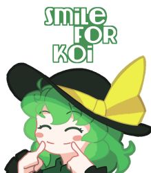 Rule 34 | 1girl, ^ ^, black hat, chefhart, closed eyes, closed mouth, commentary, commentary request, english commentary, english text, fedora, green hair, happy, hat, hat ribbon, highres, komeiji koishi, medium hair, ribbon, smile, solo, touhou, yellow ribbon