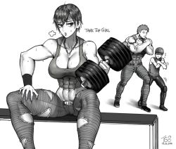 Rule 34 | 1girl, 2boys, abs, anger vein, belt buckle, blush, breasts, buckle, chain necklace, character name, cleavage, crop top, crossed arms, denim, dumbbell, exercising, greyscale, helmet, highres, jeans, jewelry, large breasts, midriff, monochrome, multiple boys, mumen rider, muscular, muscular female, navel, necklace, one-punch man, pants, pendant, short hair, sitting, solo focus, sweat, tank top, tanktop girl, tanktop master, the golden smurf, thick thighs, thighs, torn clothes, torn jeans, torn pants