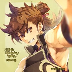 Rule 34 | 1boy, armor, armpits, brown eyes, brown hair, dated, fire emblem, fire emblem fates, folded ponytail, happy birthday, hinata (fire emblem), japanese armor, japanese clothes, male focus, nintendo, ponytail, scar, scar on face, shuri yasuyuki, smile, solo, yellow background