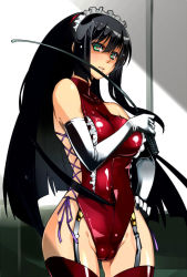 Rule 34 | 10s, 1girl, akinaie, artistic error, bare shoulders, bdsm, black hair, breasts, cleavage, dominatrix, elbow gloves, frills, garter straps, gloves, green eyes, groin, hip focus, holding, holding riding crop, kore wa zombie desu ka?, large breasts, leotard, lips, long hair, maid headdress, red leotard, ribbon, riding crop, seraphim (korezom), shiny clothes, skin tight, solo, thighhighs, whip, wide hips