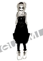 Rule 34 | 1girl, :o, anchor necklace, anzu (o6v6o), arms behind back, boots, character name, cross-laced footwear, dress, full body, glasses, greyscale, gumi, jewelry, lace-up boots, looking at viewer, monochrome, necklace, one side up, overall skirt, pinafore dress, scarf, shirt, short hair with long locks, sleeveless, sleeveless dress, solo, standing, striped clothes, striped shirt, vocaloid