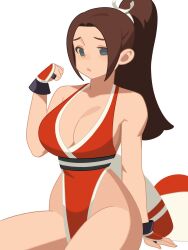 Rule 34 | 1girl, bare shoulders, breasts, brown hair, cleavage, fatal fury, highres, hochihochiha, large breasts, long hair, ninja, ponytail, shiranui mai, sitting, sleeveless, the king of fighters