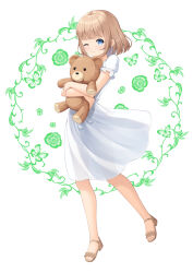 Rule 34 | 1girl, 7fuji 06, blue eyes, blunt bangs, blush, brown hair, bug, butterfly, dress, flower, full body, highres, holding, holding stuffed toy, insect, looking at viewer, one eye closed, original, sandals, see-through silhouette, short hair, short sleeves, smile, solo, stuffed animal, stuffed toy, teddy bear