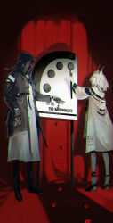 Rule 34 | 1girl, 1other, animal ears, arknights, bare shoulders, black footwear, black jacket, boots, chromatic aberration, clock, closed mouth, commentary request, doctor (arknights), dress, facing away, full body, gloves, green dress, green hair, hand in pocket, high heels, highres, hood, hood up, hooded jacket, jacket, kaifei (kaifei 29), kal&#039;tsit (arknights), long sleeves, looking away, medium hair, off-shoulder dress, off-shoulder jacket, off shoulder, red background, red curtains, see-through