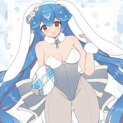 Rule 34 | 1girl, :3, animal ears, bao (vtuber), blue hair, breasts, cleavage, commentary, easter, easter egg, egg, english commentary, eyebrows hidden by hair, fake animal ears, fur trim, gloves, holding, holding egg, huge bow, indie virtual youtuber, leotard, liquid hair, long hair, medium breasts, open mouth, pantyhose, playboy bunny, plushcharm, rabbit ears, red eyes, solo, very long hair, virtual youtuber
