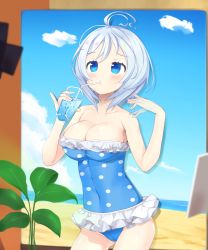 Rule 34 | .live, 1girl, akiiro, antenna hair, bare shoulders, blue eyes, blue one-piece swimsuit, blush, breasts, cleavage, closed mouth, collarbone, cup, drinking, drinking glass, drinking straw, frilled one-piece swimsuit, frills, highres, holding, holding cup, large breasts, looking away, one-piece swimsuit, short hair, dennou shoujo siro, solo, standing, swimsuit, virtual youtuber, white hair