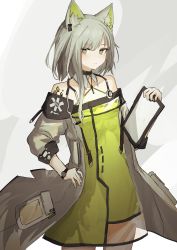 Rule 34 | 1girl, absurdres, animal ears, arknights, cat ears, clipboard, coat, collar, cowboy shot, detached collar, dress, earclip, green dress, green eyes, grey hair, hand on own hip, hand up, highres, holding, holding clipboard, kal&#039;tsit (arknights), looking at viewer, material growth, off-shoulder dress, off shoulder, open clothes, open coat, oripathy lesion (arknights), shiratakiseaice, short hair, simple background, solo, stethoscope, watch, white background, white coat, white collar, wristwatch