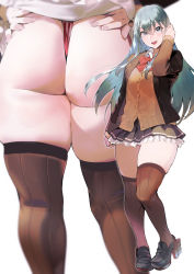 Rule 34 | 1girl, aqua hair, arm up, ass, black footwear, blouse, blush, breasts, brown jacket, brown skirt, brown thighhighs, cardigan, clothes lift, commentary request, frilled skirt, frills, from below, hair ornament, hairclip, hands on own hips, ikuchan kaoru, jacket, kantai collection, long hair, long sleeves, looking at viewer, multiple views, open clothes, open mouth, pleated skirt, rudder footwear, school uniform, shirt, shoes, simple background, skindentation, skirt, skirt lift, smile, suzuya (kancolle), suzuya kai ni (kancolle), thick thighs, thighhighs, thighs, thong, white background