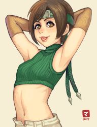 Rule 34 | 1990s (style), 1girl, armpits, arms up, artist name, breasts, brown eyes, brown hair, dated, elbow gloves, final fantasy, final fantasy vii, gloves, headband, lips, maou alba, midriff, navel, short hair, sleeveless, sleeveless turtleneck, small breasts, solo, tongue, tongue out, turtleneck, yuffie kisaragi