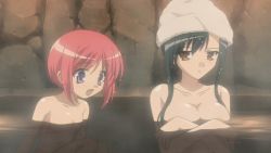 Rule 34 | 2girls, animated, animated gif, black hair, breasts, chouhi, covering privates, covering breasts, flat chest, kan&#039;u (koihime musou), koihime musou, large breasts, long hair, looking at breasts, multiple girls, nude, partially submerged, red hair, short hair, towel, towel on head, water, wet