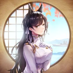 Rule 34 | 1girl, aiguillette, anbe yoshirou, animal ears, atago (azur lane), autumn leaves, azur lane, black hair, breasts, brown eyes, closed mouth, dated, from side, gloves, hand on own chest, highres, indoors, large breasts, light smile, long hair, looking at viewer, mole, mole under eye, ocean, round window, ship, smile, solo, swept bangs, upper body, watercraft, white gloves, window