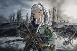 Rule 34 | 1girl, agent 416 (girls&#039; frontline), assault rifle, black gloves, blunt bangs, facial mark, girls&#039; frontline, gloves, green eyes, green jacket, gun, headphones, headset, hk416 (girls&#039; frontline), holding, holding gun, holding weapon, jacket, long hair, long sleeves, looking at viewer, p416, pof p416, rain, rifle, ruins, scope, silence girl, silver hair, solo, teardrop, tom clancy&#039;s the division, trigger discipline, upper body, weapon