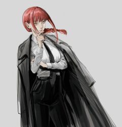 Rule 34 | 1girl, black coat, black necktie, black pants, braid, braided ponytail, chainsaw man, coat, coat on shoulders, collared shirt, floating hair, grey background, highres, kamo (kamonegioisi), looking to the side, makima (chainsaw man), medium hair, necktie, pants, red hair, ringed eyes, shirt, shirt tucked in, sidelocks, simple background, solo, white shirt, yellow eyes