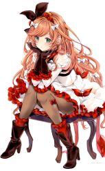 Rule 34 | 1girl, bag, black gloves, black ribbon, blonde hair, blush, boots, bow, chair, clarisse (granblue fantasy), clarisse (soleil blanc) (granblue fantasy), dress, earrings, flower, gloves, granblue fantasy, green eyes, hair bow, hair flower, hair ornament, hair ribbon, high heels, highres, jewelry, long hair, long sleeves, looking at viewer, open mouth, orange hair, pantyhose, red bow, red flower, red socks, ribbon, shoes, single boot, sitting, socks, solo, soraneko hino, swept bangs, white bow, white dress