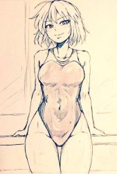 Rule 34 | 1girl, alternate costume, bare legs, breasts, closed mouth, commentary request, competition swimsuit, covered navel, cowboy shot, d-m (dii emu), eyelashes, greyscale, kazami yuuka, looking at viewer, medium breasts, monochrome, one-piece swimsuit, open mouth, smile, swimsuit, touhou