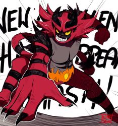 Rule 34 | black hair, claws, colored sclera, creatures (company), fire, furry, game freak, gen 7 pokemon, gurepyon, incineroar, looking at viewer, nintendo, open mouth, pokemon, pokemon (creature), pokemon sm, sharp teeth, smile, solo, striped, super smash bros., tail, teeth, yellow sclera