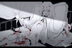 Rule 34 | 1girl, amputee, bandaged chest, bandaged head, bandages, bed, bleeding, blood, collar, flat chest, frilled pillow, frilled shirt, frills, gauze, gauze over eye, guro, hospital bed, injury, leash, looking at viewer, medium hair, on bed, open clothes, open mouth, open shirt, original, pillow, red hod, ryona, shirt, skinny, solo, spot color, stab, stuffed animal, stuffed rabbit, stuffed toy, surgical scissors, thigh strap
