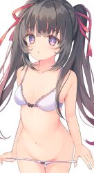 Rule 34 | 1girl, black bow, black hair, blush, bow, bra, breasts, bright pupils, chestnut mouth, frilled bra, frills, hair ribbon, long hair, looking at viewer, miyanome, navel, original, panties, panty pull, purple eyes, red ribbon, ribbon, sidelocks, simple background, small breasts, solo, twintails, underwear, very long hair, white background, white bra, white panties, white pupils