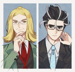 Rule 34 | 2boys, bespectacled, black-framed eyewear, black eyes, black hair, blonde hair, closed mouth, collared shirt, commentary request, creatures (company), game freak, glasses, green jacket, grey hair, hand on own chin, hand up, hassel (pokemon), highres, jacket, larry (pokemon), long sleeves, male focus, multicolored hair, multiple boys, necktie, nintendo, parted bangs, pokemon, pokemon sv, red necktie, shirt, shiruku (gp oro8), short hair, streaked hair, stroking own chin, two-tone hair, upper body, vest, white shirt