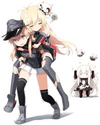 Rule 34 | 10s, 3girls, abyssal ship, aircraft carrier princess, anchor hair ornament, bandages, bare shoulders, bismarck (kancolle), blonde hair, blue eyes, blush, bruise, camouflage, carrying, closed eyes, colored skin, detached sleeves, dress, enemy aircraft (kancolle), gloves, goribote, hair ornament, hat, injury, kantai collection, long hair, military, military uniform, multiple girls, one side up, open mouth, pale skin, peaked cap, piggyback, prinz eugen (kancolle), red eyes, remodel (kantai collection), shoes, simple background, single shoe, skirt, smile, tears, thighhighs, torn clothes, torn legwear, twintails, uniform, very long hair, white gloves, white hair, white skin