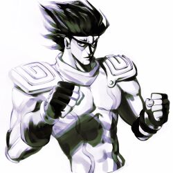 Rule 34 | 1boy, abs, armor, arms up, black hair, clenched hands, fingerless gloves, gloves, highres, jojo no kimyou na bouken, looking at viewer, mitsuki yuina, monochrome, muscular, muscular male, pauldrons, scarf, shadow, shoulder armor, stand (jojo), star platinum, stardust crusaders, upper body, white background