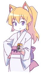 Rule 34 | 1girl, animal ear fluff, animal ears, blonde hair, blush, can, closed mouth, commentary request, cropped torso, fox ears, hair between eyes, holding, holding can, japanese clothes, kimono, long hair, long sleeves, looking at viewer, obi, original, ponytail, purple eyes, roku no hito, sash, smile, solo, white kimono, wide sleeves