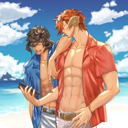 Rule 34 | 2boys, abs, adam&#039;s apple, arm on another&#039;s shoulder, arm rest, arm up, au ra, bare arms, beach, belt, black hair, black horns, blue shirt, blue sky, brown horns, cellphone, closed eyes, closed mouth, cloud, collarbone, collared shirt, commentary request, day, dragon horns, eyewear on head, unworn eyewear, fictional persona, final fantasy, final fantasy xiv, gachako, glasses, hair over one eye, hand up, holding, holding phone, holding removed eyewear, horizon, horns, laughing, leaning on person, male focus, manly, multiple boys, muscular, muscular male, ocean, open clothes, open mouth, open shirt, outdoors, pectorals, phone, red hair, red shirt, sand, shirt, short hair, short sleeves, sky, smartphone, smile, stomach, sunglasses, upper body, warrior of light (ff14), water, wing collar