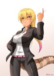Rule 34 | 1girl, alternate costume, belt, black jacket, black pants, blonde hair, breast pocket, breasts, buttons, closed mouth, collared jacket, collared shirt, fingernails, hair between eyes, hand on own hip, hand up, highres, impossible clothes, impossible shirt, index finger raised, jacket, kashisu mint, kemono friends, king cobra (kemono friends), long hair, long sleeves, medium breasts, multicolored hair, open clothes, open jacket, pants, pink hair, pocket, shirt, snake tail, solo, tail, tan, twintails, twitter username, two-tone hair, unbuttoned, v-shaped eyebrows, white shirt, wing collar, yellow eyes