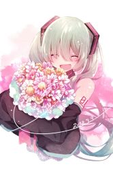 Rule 34 | 1girl, aqua hair, bad id, bad pixiv id, blush, bouquet, dated, detached sleeves, closed eyes, eyes visible through hair, flower, hair between eyes, hatsune miku, hazakura chikori, long hair, open mouth, pink flower, smile, solo, twintails, very long hair, vocaloid, white flower, yellow flower