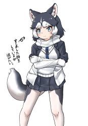 Rule 34 | 1girl, animal ears, black hair, black jacket, black pantyhose, black skirt, blue eyes, crossed arms, dog ears, dog girl, dog tail, gloves, harness, highres, jacket, kemono friends, long sleeves, multicolored clothes, multicolored hair, multicolored jacket, pantyhose, pleated skirt, scarf, short hair, siberian husky (kemono friends), skirt, solo, tail, translation request, two-tone hair, two-tone jacket, two-tone legwear, uf34a, vest, white gloves, white hair, white jacket, white pantyhose, white scarf, white vest