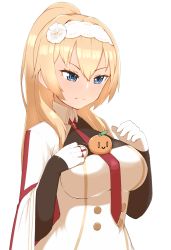 Rule 34 | 1girl, bad id, bad pixiv id, blonde hair, blue eyes, blush, breasts, cap105, capelet, closed mouth, commentary request, cross, duke of york (warship girls r), food, fruit, gloves, hairband, half gloves, hands on own chest, high ponytail, highres, large breasts, looking down, necktie, orange (fruit), red necktie, solo, tawawa challenge, tsurime, upper body, warship girls r, white gloves