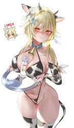 Rule 34 | 1girl, absurdres, animal ears, animal print, bell, between breasts, bikini, blonde hair, blue collar, blush, breasts, closed mouth, collar, cow ears, cow horns, cow print, cow tail, cowbell, fake animal ears, flower, genshin impact, hair between eyes, hair flower, hair ornament, highres, holding, holding plate, horns, large breasts, looking at viewer, lumine (genshin impact), medium breasts, milk, navel, neck bell, nipple stimulation, nipple tweak, plate, pottsness, print thighhighs, simple background, solo, swimsuit, tail, tears, thighhighs, twitter username, wavy mouth, white background