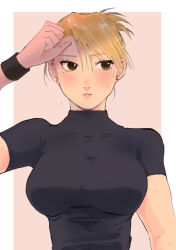 Rule 34 | 1girl, black shirt, blonde hair, breasts, brown eyes, earrings, eyelashes, fullmetal alchemist, hand up, jellymlk, jewelry, large breasts, looking away, outside border, parted lips, riza hawkeye, shirt, short sleeves, sideways glance, skin tight, solo, sweat, tight clothes, tight shirt, turtleneck, updo, upper body, wiping face, wiping sweat, wristband