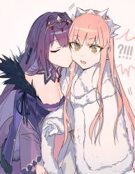 Rule 34 | !?, 2girls, :d, blunt bangs, breasts, cape, cleavage, closed eyes, couple, cow (shadow), dress, fate/grand order, fate (series), female focus, fur trim, gloves, hair between eyes, imminent kiss, large breasts, long hair, long sleeves, looking at viewer, medb (fate), medb (first ascension) (fate), multiple girls, open mouth, pink hair, purple dress, purple hair, red eyes, scathach (fate), scathach skadi (fate), sidelocks, simple background, skirt, smile, tiara, type-moon, white background, white gloves, white skirt, yellow eyes, yuri