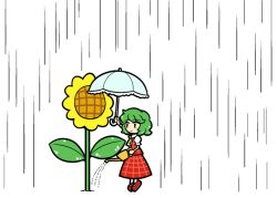 Rule 34 | 1girl, ascot, comic, dora ita, flower, green hair, kazami yuuka, plaid, plaid skirt, plaid vest, rain, short hair, silent comic, skirt, sunflower, touhou, umbrella, watering can