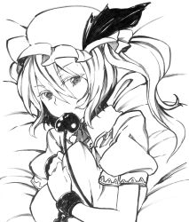 Rule 34 | 1girl, bed, calligraphy brush (medium), cuffs, embodiment of scarlet devil, eyelashes, female focus, flandre scarlet, greyscale, highres, laevatein, looking at viewer, millipen (medium), monochrome, mouth hold, hugging object, pillow, pillow hug, red eyes, side ponytail, solo, touhou, traditional media, tsukinami kousuke, upper body