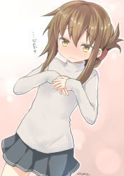 Rule 34 | 10s, 1girl, absurdres, alternate costume, breast conscious, breast envy, brown hair, cowboy shot, folded ponytail, highres, inazuma (kancolle), kantai collection, meme attire, nanodesu (phrase), open-chest sweater, ribbed sweater, ryuki (ryukisukune), signature, skirt, solo, sweater, turtleneck, wavy mouth, yellow eyes
