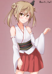 Rule 34 | 1girl, anti (untea9), bare shoulders, blush, cosplay, cowboy shot, detached sleeves, fusou (kancolle), fusou (kancolle) (cosplay), hair bun, highres, kantai collection, light brown hair, looking at viewer, michishio (kancolle), nontraditional miko, pleated skirt, purple background, red skirt, short twintails, simple background, skirt, solo, twintails, twitter username, v-shaped eyebrows, yellow eyes