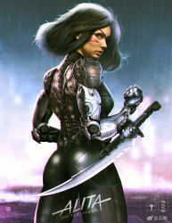 Rule 34 | 1girl, alita, alita: battle angel, arm blade, ass, battle angel alita, black hair, bodysuit, breasts, brown eyes, copyright name, cyberpunk, cyborg, facepaint, flat ass, from behind, highres, lips, looking at viewer, looking back, mechanical arms, nose, rain, realistic, science fiction, short hair, small breasts, solo, weapon, weibo watermark, wet, zhuyukun
