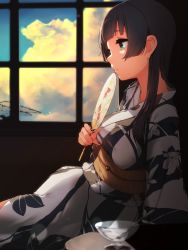 Rule 34 | 1girl, agano (kancolle), alternate costume, black hair, blue eyes, bowl, breasts, cloud, day, floral print, from side, hand fan, highres, indoors, japanese clothes, kantai collection, kimono, long hair, medium breasts, obi, parted lips, profile, sash, sitting, sky, solo, spoon, suginoji, wide sleeves, window, yukata