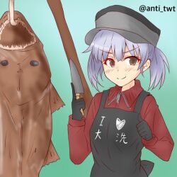 Rule 34 | 1girl, angelfish, anti (untea9), apron, black apron, black gloves, blue background, brown eyes, fish, gloves, gradient background, grey hair, hat, jacket, kantai collection, knife, official alternate costume, one-hour drawing challenge, ooshio (kancolle), red jacket, short twintails, smile, smokestack, solo, twintails, twitter username