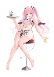 Rule 34 | 1girl, absurdres, alternate costume, animal print, apron, bare legs, barefoot, bell, between fingers, black eyes, blush, breasts, chinese commentary, cow horns, cow print, fake horns, full body, goddess of victory: nikke, highres, holding, holding bell, holding tray, horns, iuidd, knees together feet apart, long hair, looking at viewer, medium breasts, milk carton, mole, mole under mouth, navel, open mouth, pink hair, sidelocks, simple background, sitting, solo, stomach, stool, tongue, tongue out, tray, twintails, white background, wings, yuni (nikke)