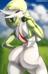 Rule 34 | 1girl, artist name, ass, back, blue sky, blurry, blurry background, bob cut, breasts, cloud, colored skin, completely nude, cowboy shot, creatures (company), day, female focus, from behind, game freak, gardevoir, gen 3 pokemon, green hair, green skin, hair over one eye, half-closed eyes, hand to own mouth, hand up, highres, large breasts, looking at viewer, looking back, multicolored skin, nintendo, nude, one eye covered, open mouth, outdoors, outline, pokemon, pokemon (creature), red eyes, short hair, sky, slimybuttcheeks, solo, standing, twitter username, two-tone skin, watermark, white outline, white skin, wide hips