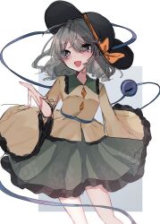Rule 34 | 1girl, absurdres, black hat, blouse, blush, bow, buttons, diamond button, eyeball, floral print, frilled shirt collar, frilled skirt, frilled sleeves, frills, green skirt, grey eyes, grey hair, hat, hat bow, heart, heart of string, highres, komeiji koishi, long sleeves, looking at viewer, one-hour drawing challenge, open mouth, shion 343, shirt, short hair, skirt, smile, solo, third eye, touhou, white background, wide sleeves, yellow bow, yellow shirt
